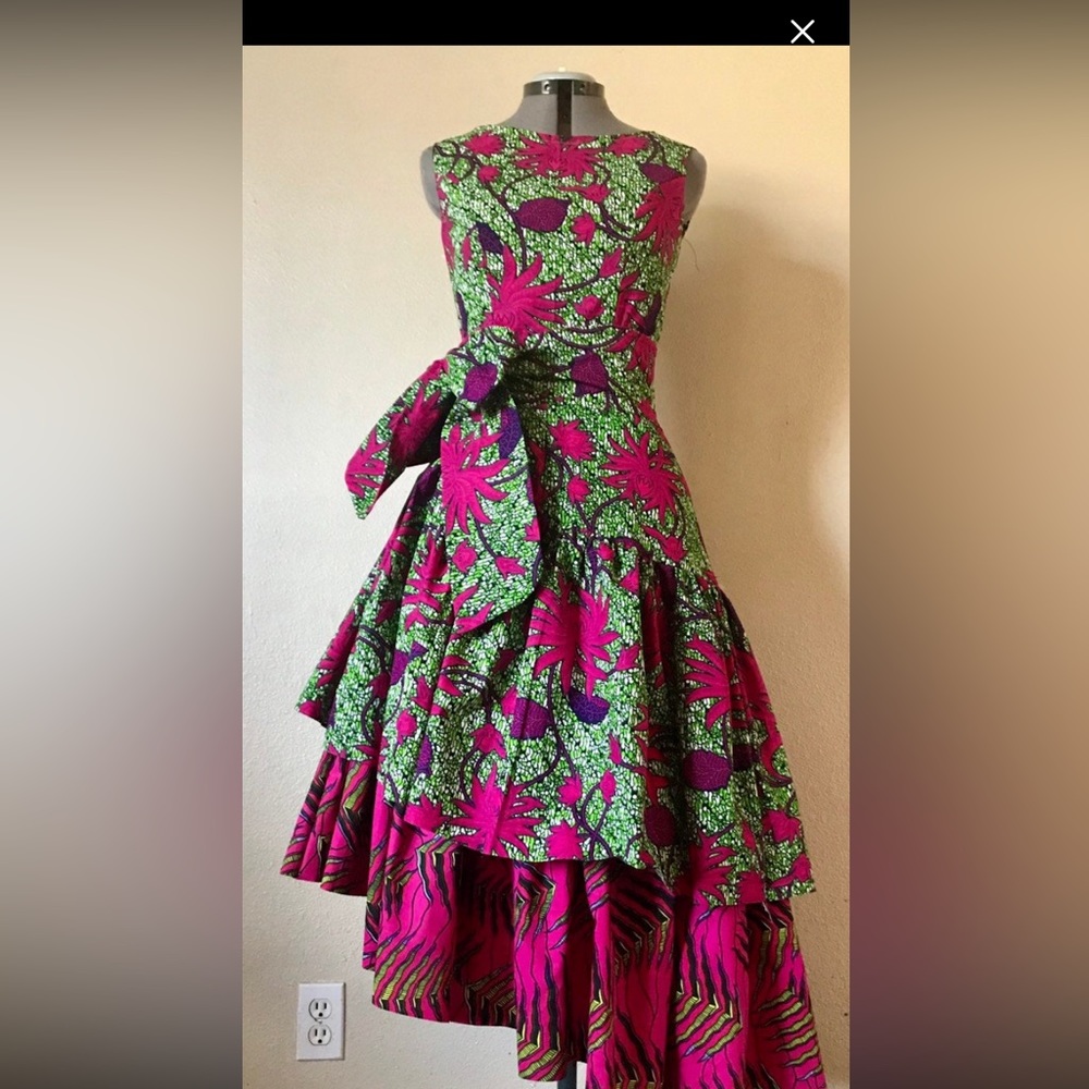 Gorgeous African Wax Print Asymmetric Ruffled Tier Dress w/sleeves (Size 8-10)
